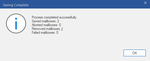 A Saving Complete dialog box opens, displaying a message “Data Exported Successfully” and displays the number of saved mailboxes, aborted mailboxes, removed mailboxes and failed mailboxes.